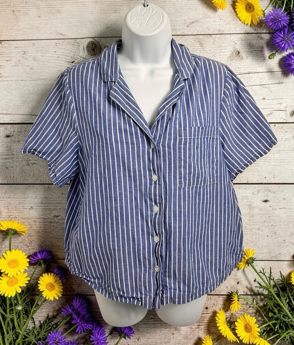 Old Navy Essential Woven Blue Striped Button Front Shirt Sz Small Cotton Boxy